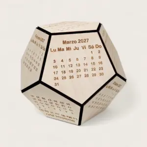 Calendário personalizado de madeira 3D de 2027 em formato de dodecaedro.