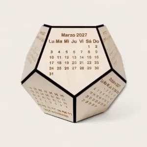 Calendário de madeira personalizado para 2027 com datas especiais.