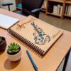 Cuaderno con diseño musical y plantas pequeñas.