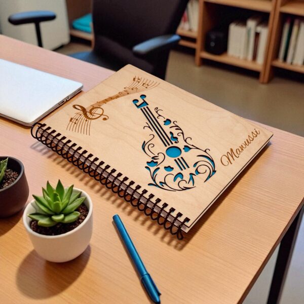 Anteckningsbok med musikalisk design och små växter.