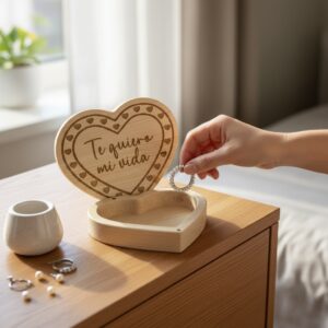Joyero corazón personalizado de madera maciza de pino