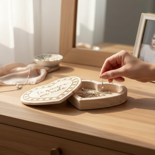 Caixa de joias personalizada em formato de coração, feita de madeira maciça de pinho.