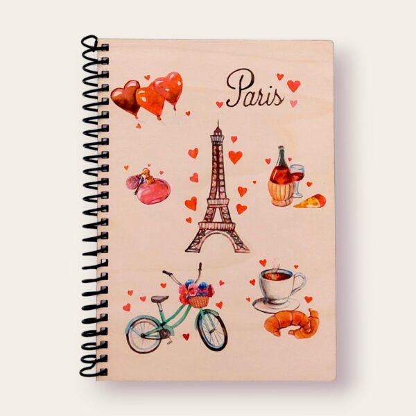 Caderno de madeira colorido com tema parisiense