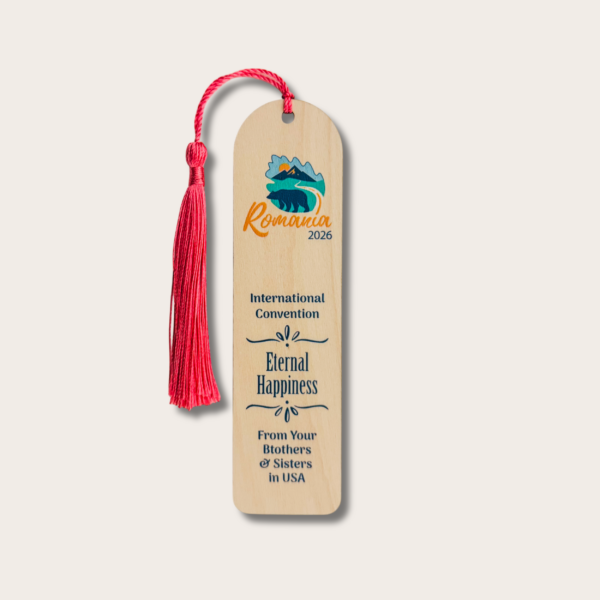 Semn de carte din lemn - Adunarea Internațională 2026 "Fericiți până la adânci bătrâneți" - JW - București - România