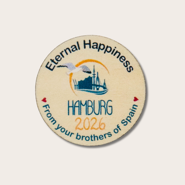 Magnet / Iman de madera Asamblea Internacional 2026 - Felices para siempre - JW - Hamburgo - Alemania