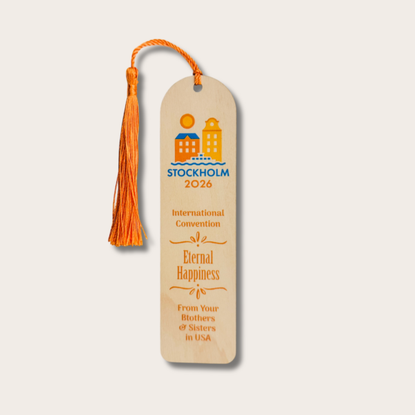 Semn de carte din lemn - Adunarea Internațională 2026 "Fericiți până la adânci bătrâneți" - JW - Stockholm - Suedia