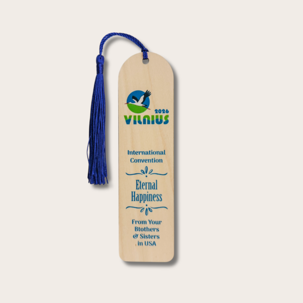 Semn de carte din lemn - Adunarea Internațională 2026 "Fericiți până la adânci bătrâneți" - JW - Vilnius - Lituania