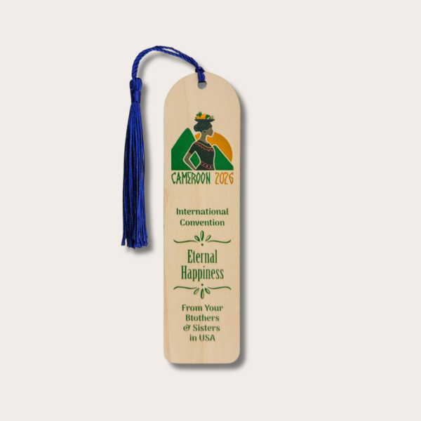 Semn de carte din lemn - Adunarea Internațională 2026 "Fericiți până la adânci bătrâneți" - JW - Douala - Camerun