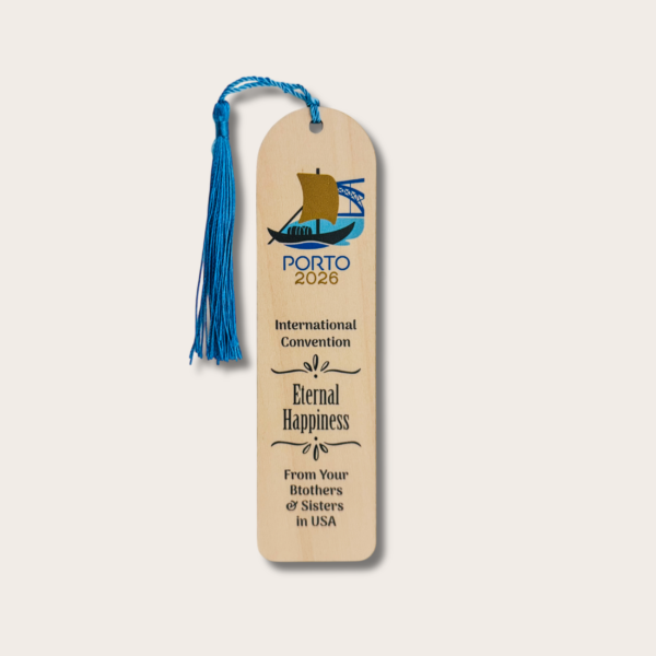 Semn de carte din lemn - Adunarea Internațională 2026 "Fericiți până la adânci bătrâneți" - JW - Porto - Portugalia