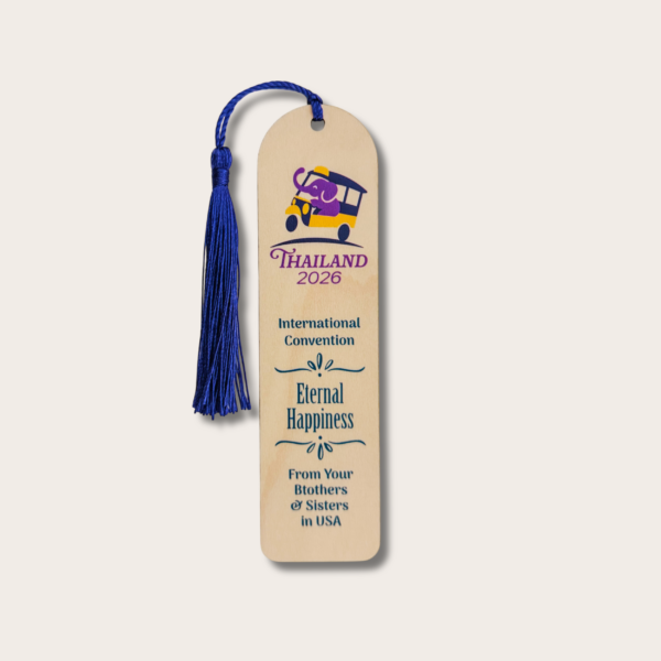 Semn de carte din lemn - Adunarea Internațională 2026 "Fericiți până la adânci bătrâneți" - JW - Bangkok - Thailanda