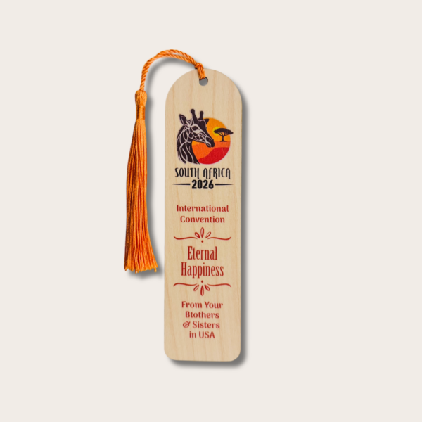 Semn de carte din lemn - Adunarea Internațională 2026 "Fericiți până la adânci bătrâneți" - JW - Johannesburg - Africa de Sud