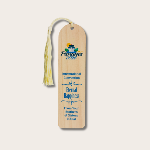 Semn de carte din lemn - Adunarea Internațională 2026 "Fericiți până la adânci bătrâneți" - JW - Orașul Panama - Panama