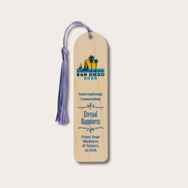 Semn de carte din lemn - Adunarea Internațională 2026 "Fericiți până la adânci bătrâneți" - JW - San Diego - Statele Unite