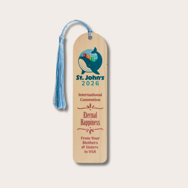 Semn de carte din lemn - Adunarea Internațională 2026 "Fericiți până la adânci bătrâneți" - JW - St. John, Newfoundland - Canada