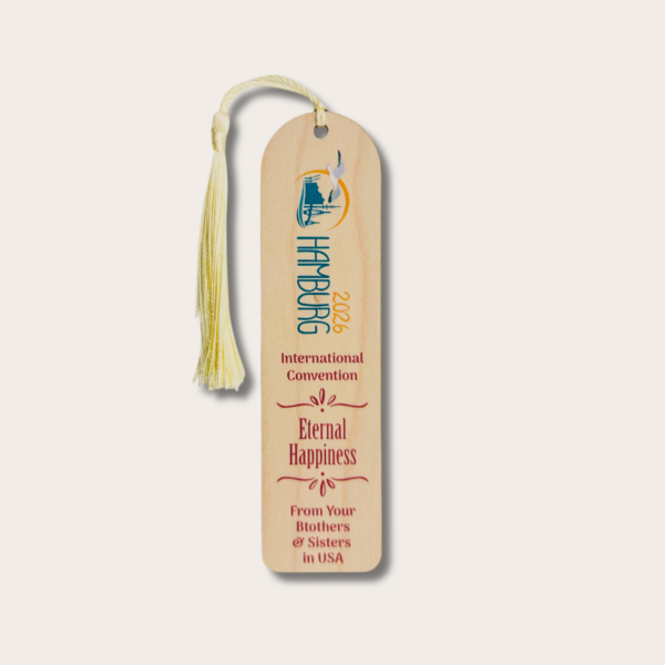 Semn de carte din lemn - Adunarea Internațională 2026 "Fericiți până la adânci bătrâneți" - JW - Hamburg - Germania