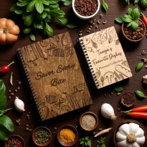 Libretas de recetas con especias y verduras frescas